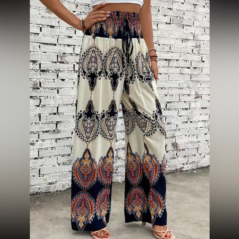 Plus size boho  paisley floral print belted wide leg pants - Picture 2 of 6